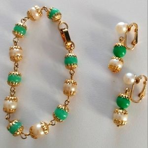Vintage Gold Pearl & Green Bracelet & Earring Set